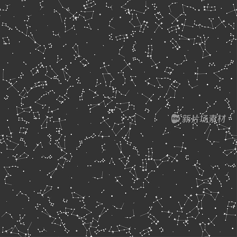星星/太空/宇宙/黄道带/宇宙白细线元素图案。矢量无缝恒星星座黑色背景。天文学和占星术对象。用于织物、纺织品、横幅、设计。